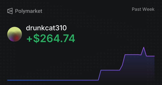 A Polymarket screenshot showing a user 'drunkcat310' with a profit of '+$264.74' over the past week, accompanied by an upward-trending purple line chart.