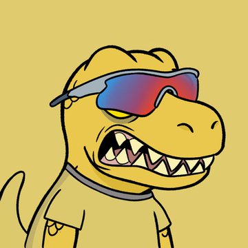 A cartoon yellow dinosaur-like character with sharp teeth wears colorful reflective sunglasses and a gray shirt.