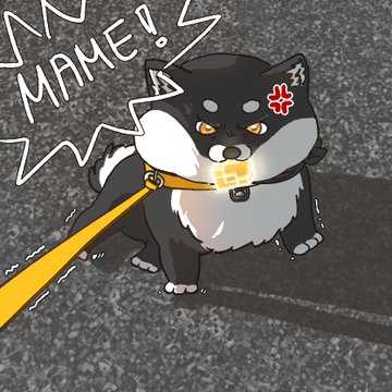 An illustrated black and white Shiba Inu puppy with an angry expression bites down firmly on a yellow leash, with the word "MAME!" bursting from its mouth in a comic-style speech bubble. The image ties into the meme challenge theme by depicting the BNB mascot "MAME" as a tenaciously loyal pup that refuses to release its grip, perfectly matching the caption's description.