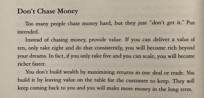 The image shows a page titled "Don't Chase Money" with advice about providing value and taking less than what you deliver to build long-term wealth. It reinforces the post's message about attracting money by creating real value rather than pursuing it directly, emphasizing sustainable success over short-term gains.