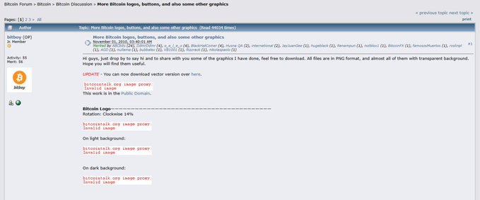 A 2010 Bitcoin Forum post by user "bitboy" (Anthony (OP), Activity 59, Member 66) titled "More Bitcoin logos, buttons, and also some other graphics" offers free PNG format Bitcoin logos and graphics in the Public Domain, including a vertical and tilted white Bitcoin "B" inside an orange circle, along with transparent background versions.
