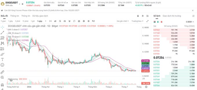 Trading chart for DOGE/USDT showing a price of 0.07254, down 0.64%, with various moving averages and candlestick data.