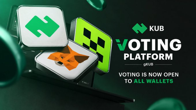 A promotional graphic for 'KUB VOTING PLATFORM' with the text 'VOTING IS NOW OPEN TO ALL WALLETS', featuring green cryptocurrency-themed icons and cubes.