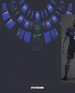A Uruguay away jersey featuring a blue sunburst design inspired by the Estadio Centenario, with the number "23" and a Nike swoosh visible on the chest, displayed alongside a mannequin wearing the full kit, and branded with "FUTCON" at the bottom.