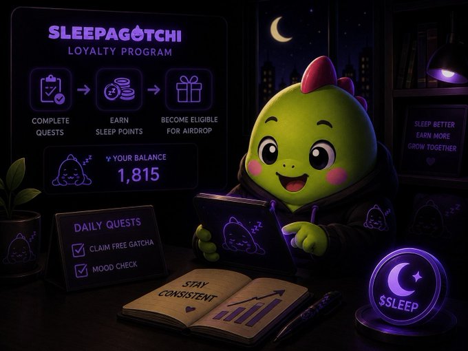 A cheerful green dinosaur mascot in a hoodie sits at a desk in a moonlit room, engaging with the "SLEEPAGOTCHI LOYALTY PROGRAM" dashboard that displays a balance of 1,815 Sleep Points and shows the progression from completing quests to earning points and becoming eligible for an airdrop, while a notebook reminds users to "STAY CONSISTENT." The cozy, night-time aesthetic perfectly reinforces the post's message about building steady engagement through daily quests and consistent check-ins to maximize airdrop eligibility.