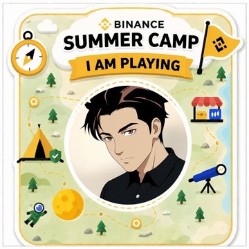 A Binance Summer Camp 'I AM PLAYING' profile badge featuring an anime-style male character surrounded by camping icons.