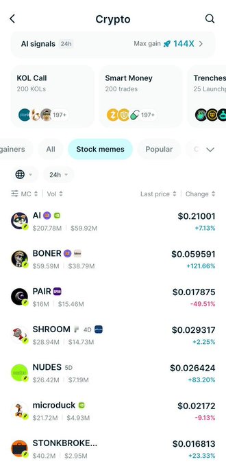 A mobile screenshot of a crypto trading app displaying stock memes section with tokens including AI, BONER, PAIR, SHROOM, NUDES, microdick, and STONKBROKE with their respective prices and percentage changes.