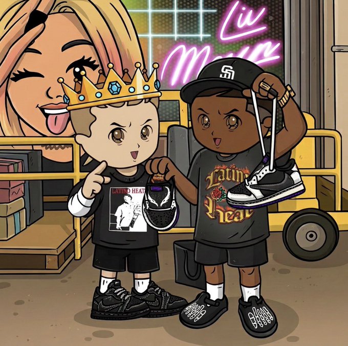 A chibi-style digital illustration of two cartoon characters showing off sneakers, with one wearing a gold crown and an 'INITIO HEAT' shirt, and the other wearing an SF Giants cap and 'Latin Heat' shirt, standing in front of a yellow cart and a large anime girl's face.