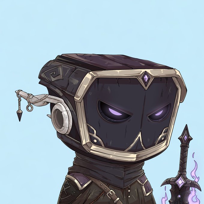 A stylized digital illustration of a hooded robotic figure with glowing purple eyes, metallic armor plating, and a purple-glowing sword against a light blue background.