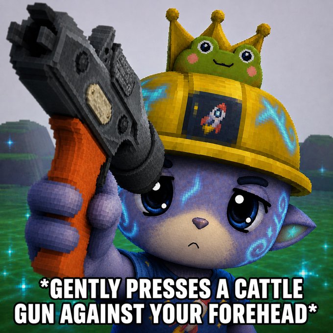 A meme featuring a purple cartoon cat wearing a yellow hard hat with a frog on top, pointing a cattle gun at the viewer, with text reading '*GENTLY PRESSES A CATTLE GUN AGAINST YOUR FOREHEAD*'.