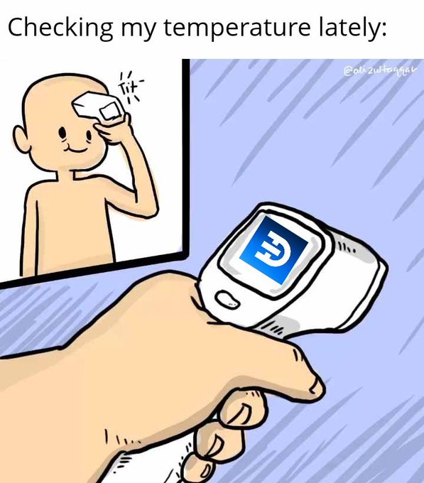 A cartoon meme titled "Checking my temperature lately:" showing a person using a thermometer, with the display showing the Dai cryptocurrency logo instead of a temperature reading.