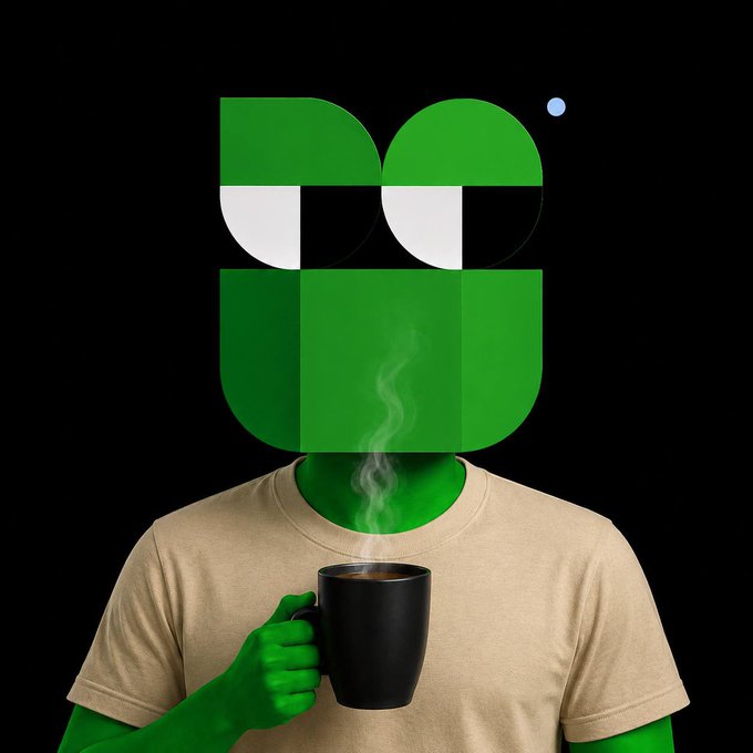 A digital illustration of a figure with a large green geometric "U" shape for a head, holding a steaming black coffee mug against a black background.