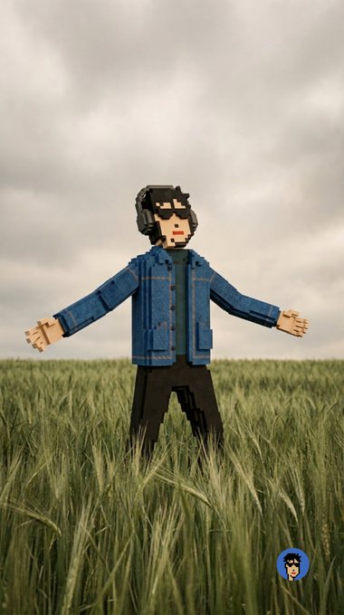 A voxel/blocky 3D rendering of a figure wearing sunglasses, a denim jacket, and headphones, standing with arms outstretched in a grassy field under a cloudy sky, with a small circular logo in the bottom right corner.