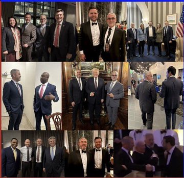 A collage of formal event photographs showing various well-dressed individuals, including men in tuxedos and suits, in what appears to be a political or diplomatic gathering.