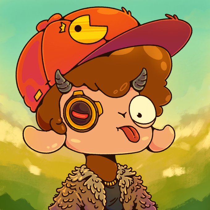 A cartoon-style character with small horns and a mechanical eye patch sticks out its tongue while wearing a red cap featuring a pixelated Pac-Man design, set against a soft sky background. The whimsical illustration aligns with the playful "ART SWITCH" promotion for @DuckzzyOG, promoting an art trade event on Goat of Solana.
