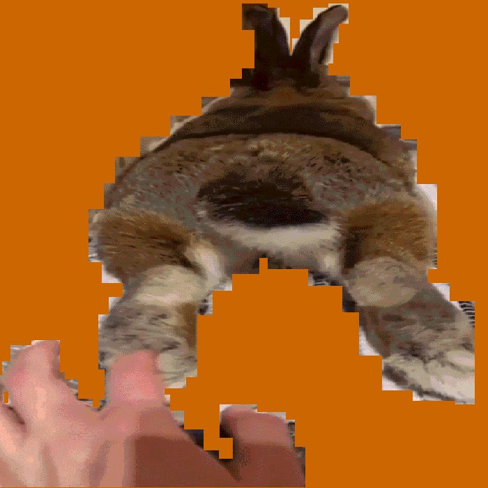 The image features a cute cartoon rabbit with its back facing us, sitting on an orange background. The rabbit's hind legs are visible as well, giving it a playful appearance. The image also contains text that reads "BunBun Ed. 8, 175 tez obkt.com/tokens/hicetnu ... teia.art/objkt/881017 Animated Gif, 700 x 700, 30 unbearably adorable frames, 10fps, @lm_netwebs #Tezos #nftcollector #teia". The rabbit's position and the presence of text create a visually appealing scene that captures the viewer's attention.