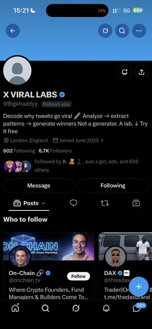 A Twitter/X profile screenshot of "X VIRAL LABS" (@Bigkhaddy), which has 6.7K followers and claims to decode viral tweet patterns, displayed alongside a post requesting support for Telegram channels of users who lost access to their accounts.