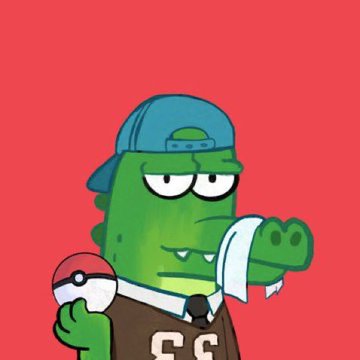 A cartoon illustration of a green crocodile character wearing a blue backwards cap, a brown jersey with '66' on it, and holding a Poké Ball and a white towel against a red background.