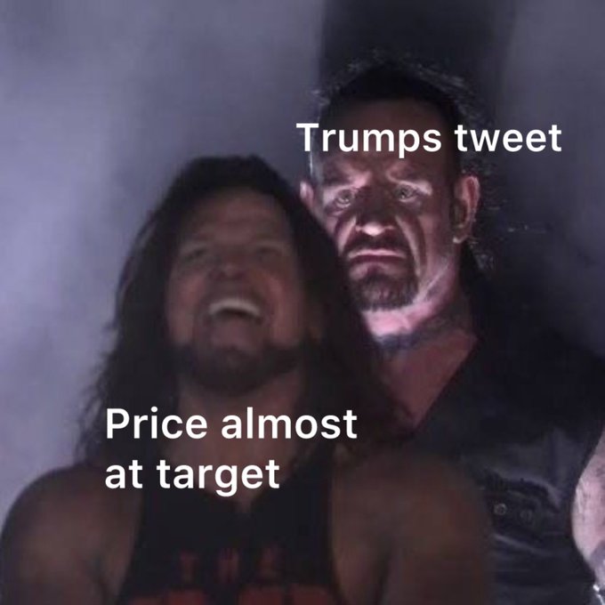 A meme using a wrestling scene featuring The Undertaker and another wrestler, with text labeling them 'Trumps tweet' and 'Price almost at target' respectively, humorously suggesting a price target is being met.