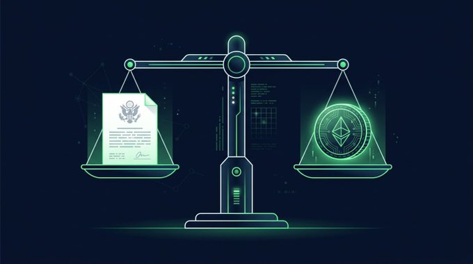 A digital illustration shows a green glowing balance scale weighing a document resembling an SEC official certificate on one side against an Ethereum cryptocurrency coin on the other, symbolizing regulation versus crypto.