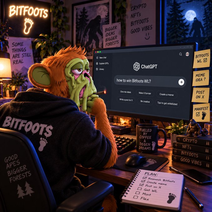 An AI-generated illustration of a monkey-like ape character wearing a 'BITFOOTS' hoodie, sitting at a desk using ChatGPT to ask 'how to win Bitfoots WL?', with a plan checklist, crypto books, and Bitfoots/NFT-themed posters around the room.