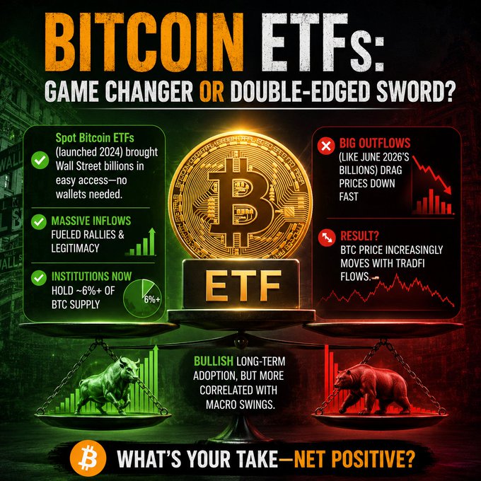 A balanced scale graphic weighing Bitcoin ETF pros (Spot Bitcoin ETFs launched in 2024, massive inflows, institutions holding ~6%+ of BTC supply) against cons (big outflows like June 2026's billions, causing BTC price to increasingly correlate with TradFi flows), headlined "Bitcoin ETFs: Game Changer or Double-Edged Sword?" and asking "What's your take—net positive?"