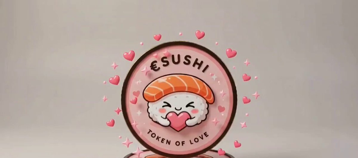 The image features a pink circle with an orange fish face, surrounded by hearts of various sizes. The text "£SUSHI" is written above the fish's head, indicating that this is a logo for a sushi restaurant or food business. The phrase "Token of love" suggests that the sushi restaurant might have a token system where customers can exchange tokens to receive a free meal. The image also includes a caption about making new friends and sharing laughs, which could be related to the concept of tokenism in this context.