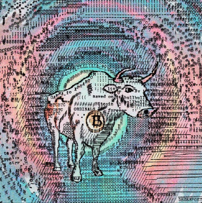 A stylized illustration of a bull overlaid with dense binary code and cryptocurrency-related text on a pink and blue gradient background, with prominent references to "BITCOIN," "ORDINALS," "CHAIN," "BTC," and "Bull," with a Bitcoin symbol ("₿") on the bull's torso.