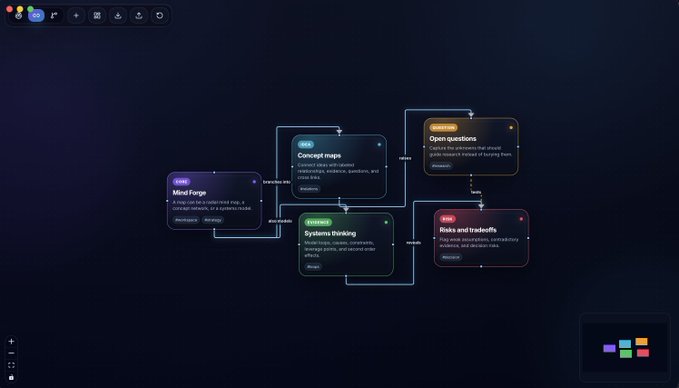 The image shows a computer screen displaying a mind-mapping software interface. The software allows users to create and share ideas by connecting different concepts through lines or arrows. The background of the image is dark, which contrasts with the colorful elements on the screen. The text in the image includes phrases such as "It has never been easier to build", "I gave an LLM one prompt", and "This is the new reality". These phrases suggest that the software can help users generate ideas and concepts more efficiently than traditional methods of brainstorming or note-taking.