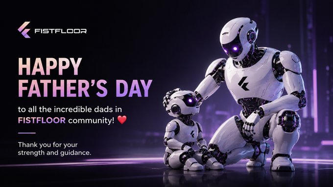 The image features a robot standing next to two smaller robots, with text that reads "Happy Father's Day to all the incredible dads in our community! Thank you for your strength and guidance." The background of the image is dark purple, which contrasts with the white color of the robots. There are no other objects or texts present in the image.