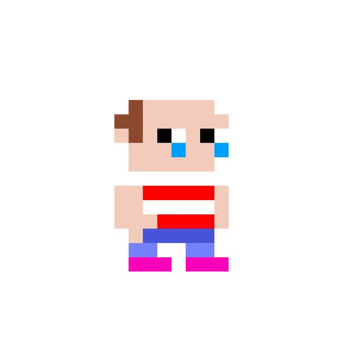 Pixel art illustration of a crying character wearing a red and white striped shirt and pink shoes.