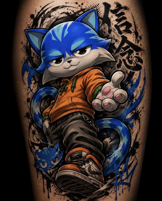 A tattoo on skin depicting an anime-style blue cat character in streetwear clothing.