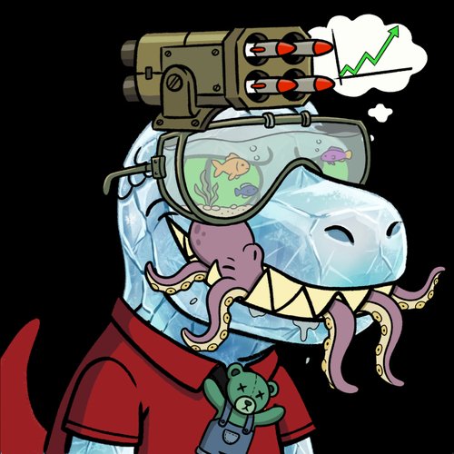 A cartoon character with an ice-textured head, octopus tentacles, goggles showing fish, and a missile launcher on top dreams of a rising green chart, wishing "Good night X, See you tomorrow" with a bullish outlook.