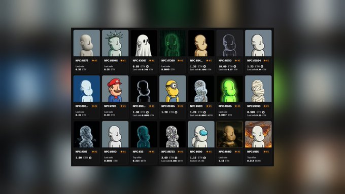 The image presents a grid of 15 faces displayed against black backgrounds, each featuring a unique character such as a doll or cartoon character. The text indicates that these characters are for sale in a virtual marketplace and lists their descriptions including a price.