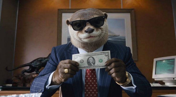 An otter wearing sunglasses and a pinstripe suit holds up a $1 bill in a WoodPanel office, embodying the "Wall Street Otter" mascot for the $WSO Solana memecoin.