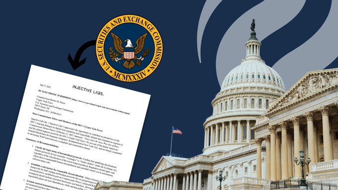 The image shows the U.S. Securities and Exchange Commission (SEC) seal alongside a document from "INJECTIVE LABS" dated July 9, 2025, addressed to SEC Chairman "Atkins" with the subject "Injective Labs' Proposal and Members of the SEC's Crypto Task Force," set against a backdrop of the U.S. Capitol building. This visual represents Injective's formal regulatory submission to the SEC, highlighting the crypto company's direct engagement with U.S. financial regulators to advocate for DeFi-friendly policies.