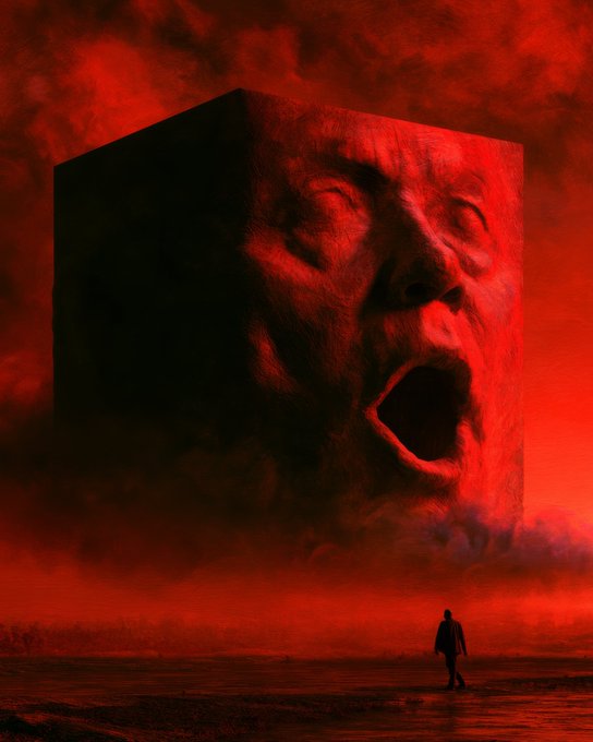 A surreal digital artwork showing a small silhouetted figure standing before a massive floating cube featuring a screaming face, all rendered in dramatic red lighting.