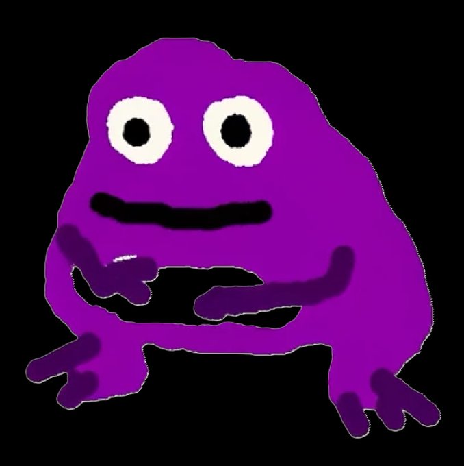 A crude digital drawing of a small purple creature with large white eyes and a straight mouth, with thin purple limbs on a black background.