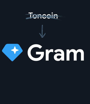 The image shows "Toncoin" crossed out with an arrow pointing down to "Gram" with a logo, illustrating the rebranding of the cryptocurrency ticker. It relates to the post by showing the transition from $TON to its new ticker $GRAM, amid news that Gram's average transaction fee dropped to $0.00084.