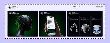 A concept design for a mobile app or website called 'AXIS ROBOTICS' displayed on three phone screens against a green background, resembling a postage stamp frame.