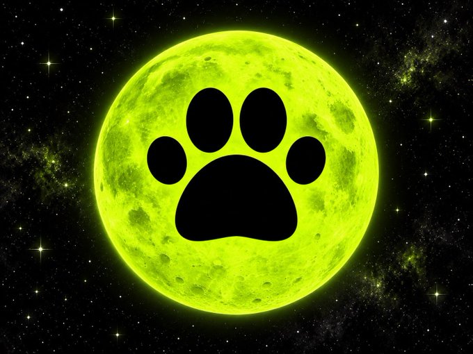 Digital artwork showing a glowing yellow-green full moon with a large black animal paw print silhouette superimposed, set against a starry space background.