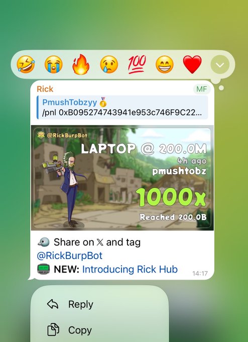 A chat screenshot from 'Rick' showing a message with a JPEG (.pnl) attachment, featuring an image of Rick Sanchez with text 'LAPTOP @ 200.0M', '1000x Reached 200.0B', and mentions of @RickBurpBot and pmushtobz.