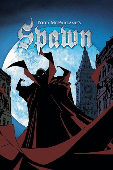 Cover art for 'Todd McFarlane's Spawn' comic book showing the caped antihero silhouetted against a large moon with city buildings in the background.