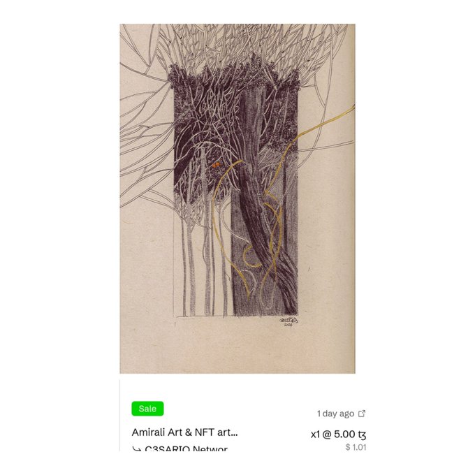 A screenshot of a digital artwork listing showing a sketch of a dark tree trunk or roots with a signature, labeled "Sale" and "AmirAli Art & NFT art..." with a price of "5.00" and "$ 1.01".