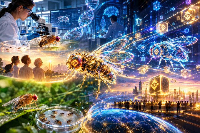 A vibrant, futuristic digital artwork merging biological fruit flies with glowing golden Binance logos on their bodies, set against a high-tech laboratory background with holographic data, a petri dish, and crowds of people.