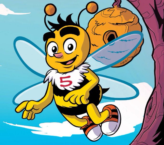 An illustration of a cartoon bee character wearing a jersey with the number '5', flying near a beehive attached to a tree branch.