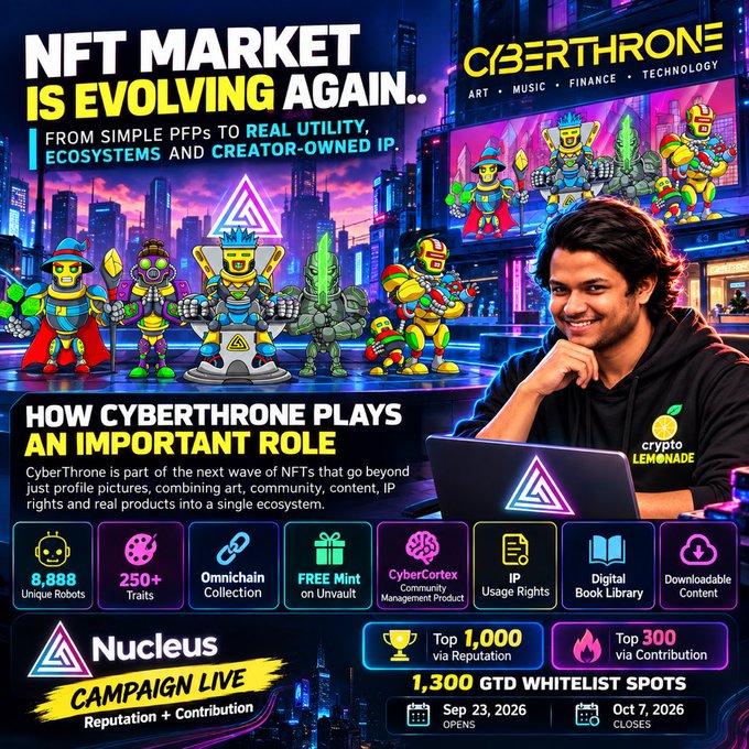 A promotional graphic for CyberThrone NFTs advertises 'NFT MARKET IS EVOLVING AGAIN' with features like 8,888 unique robots, 250+ traits, and a Nucleus campaign offering 1,300 GTD whitelist spots between Sep 23 and Oct 7, 2026, alongside a 'crypto LEMONADE' branded image of a smiling person.