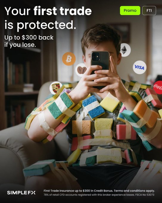 The image shows a person holding a phone surrounded by colorful sponges and icons of Bitcoin, Ethereum, Visa, Mastercard, and Coca-Cola. Text on the ad reads "Your first trade is protected. Up to $300 back if you lose," advertising SimpleFX's First Trade Insurance promotion.