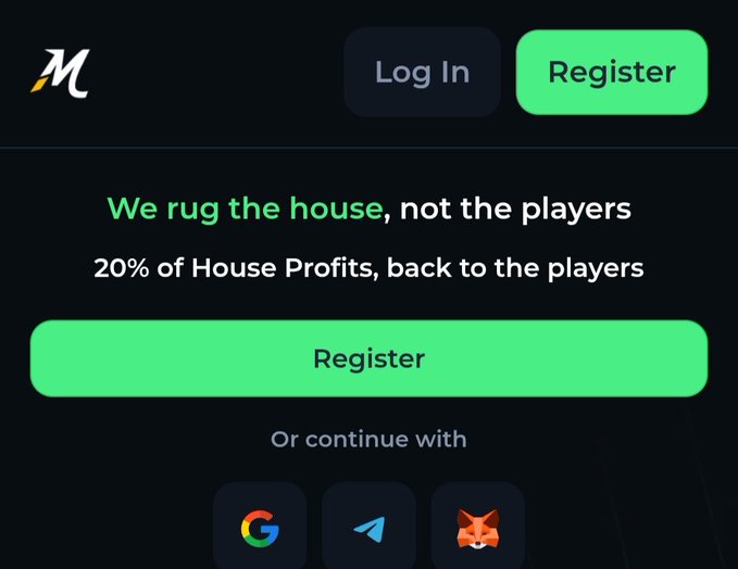 A website registration screen features a dark theme with green accents and the text 'We rug the house, not the players' and '20% of House Profits, back to the players,' along with Google, Telegram, and MetaMask sign-in options.