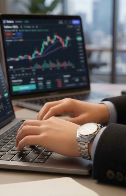 A person wearing a suit and a silver wristwatch typing on a laptop, with a financial candlestick chart visible on the screen in the background.